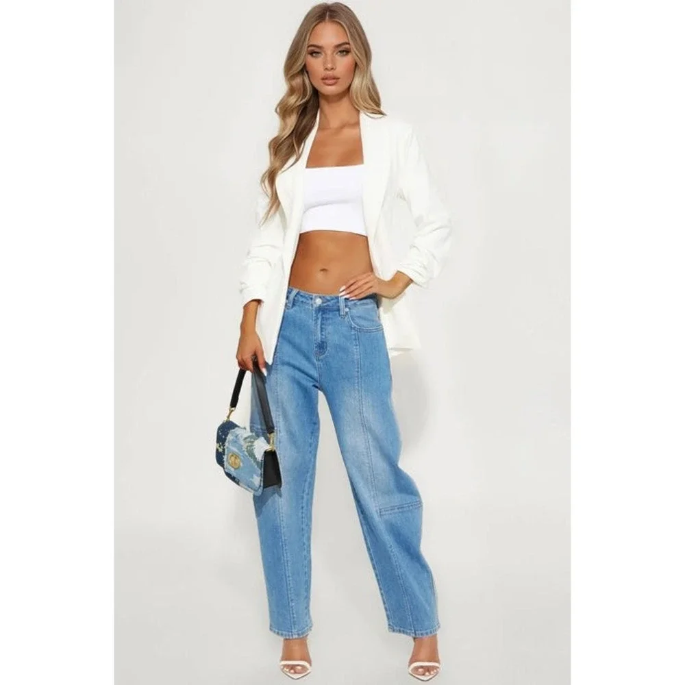 fashion nova valencia‎ two tone blue barrel leg patchwork jeans
